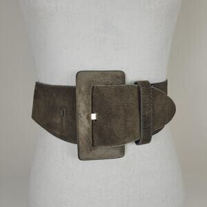 Vintage Express Belt Small Green Suede Wide Waist Gold Buckle Cinch Boho 90s